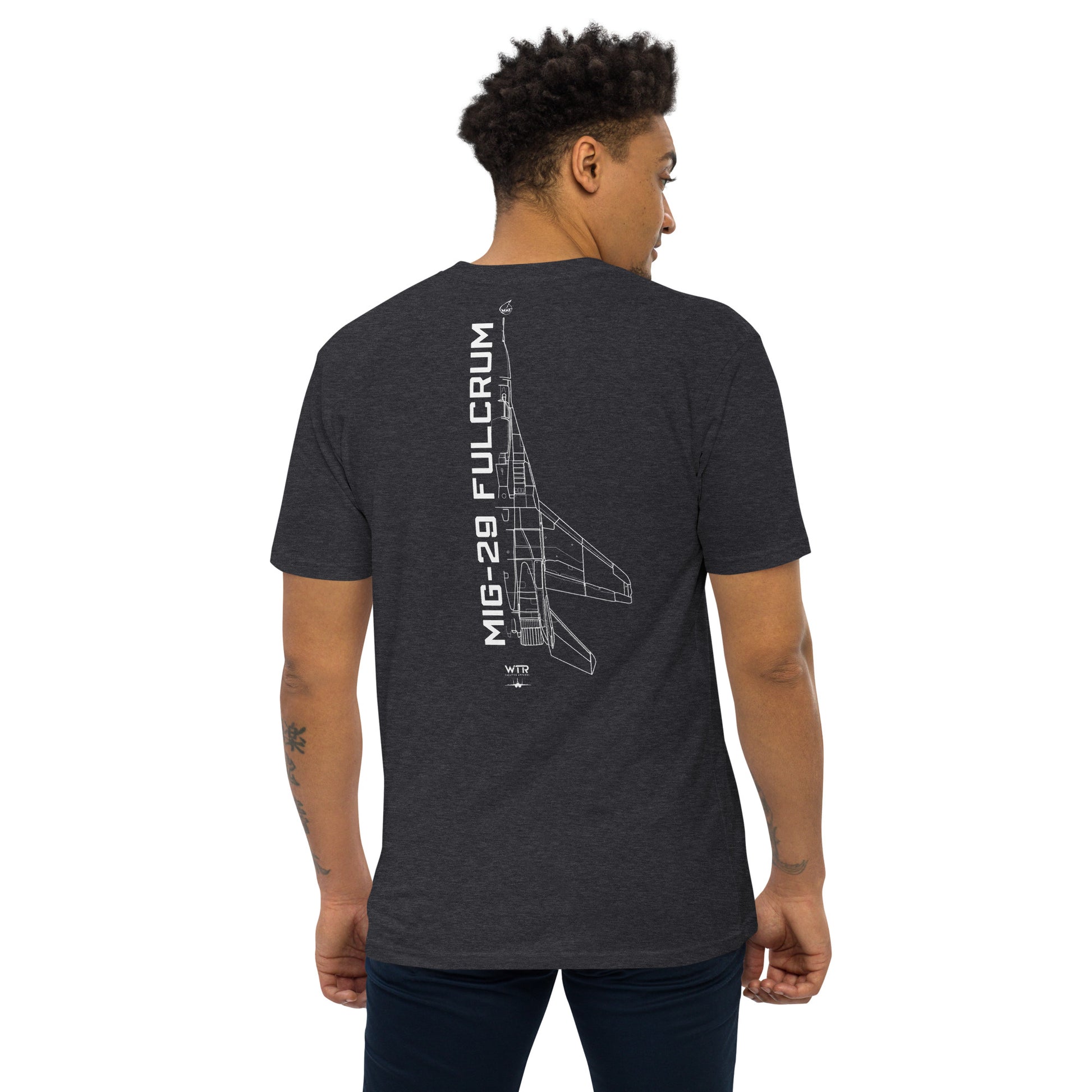 MIKOYAN MIG-29 FULCRUM — hand-drawn AIR SUPERIORITY schematic artwork printed on heavyweight T-shirt.