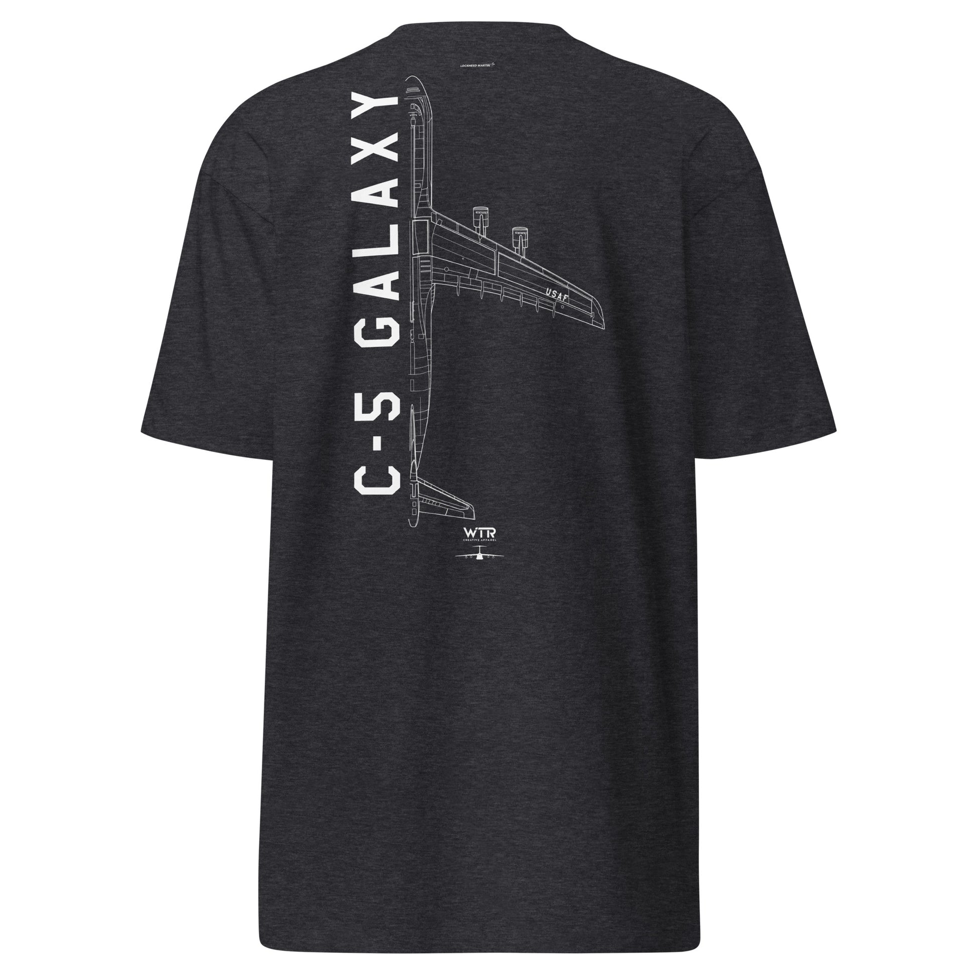 Hand-drawn technical schematic of the Lockheed Martin C-5 Galaxy strategic transport aircraft on a premium t-shirt.