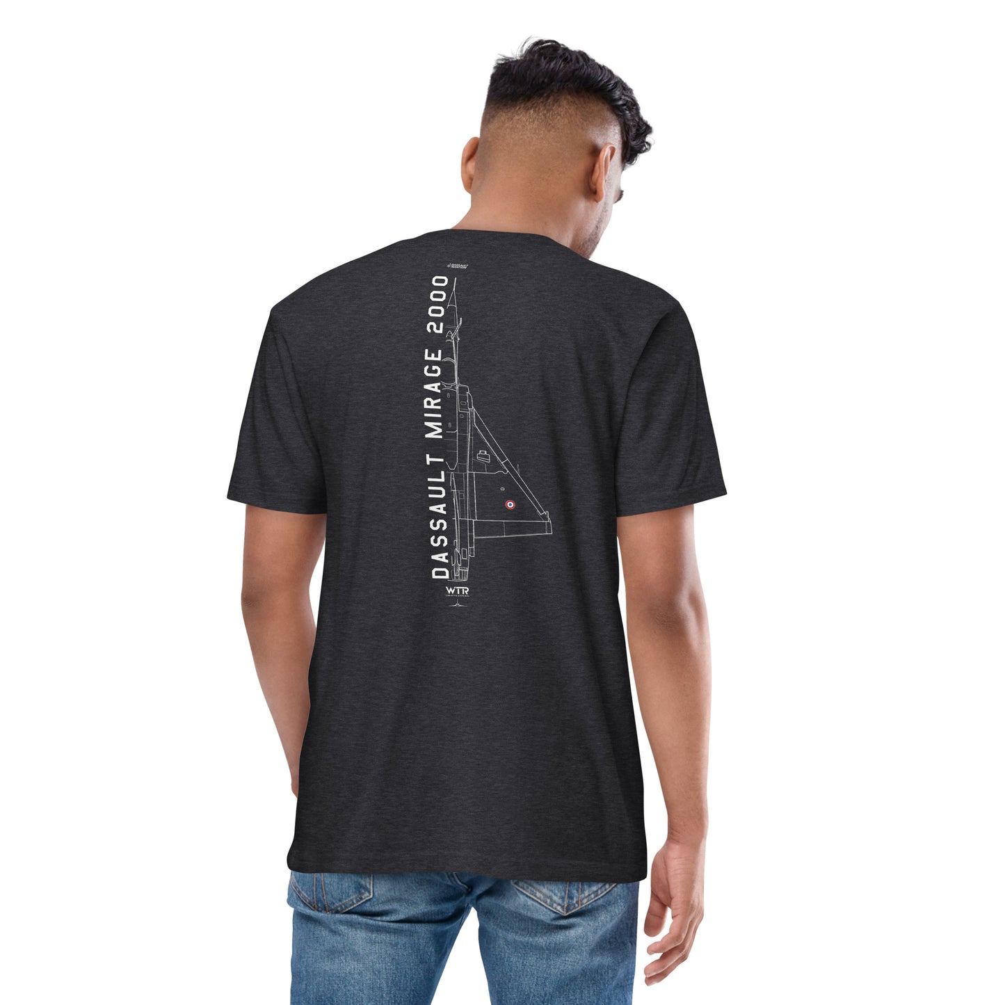 DASSAULT MIRAGE 2000 — hand-drawn FIGHTER schematic artwork printed on heavyweight T-shirt.