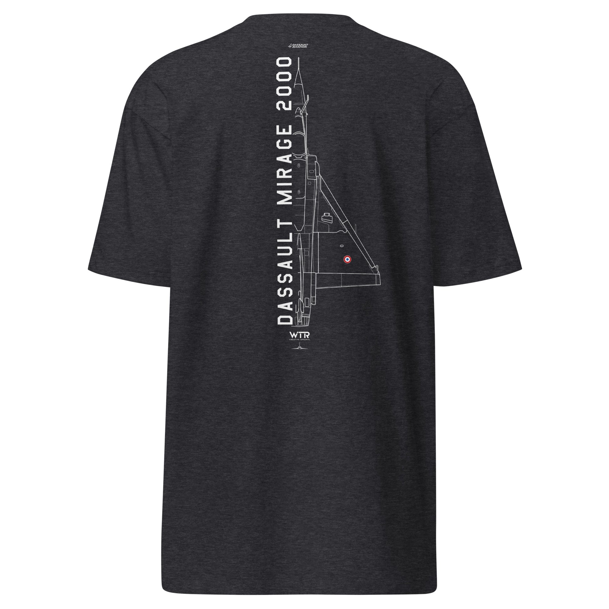 Hand-drawn technical schematic of the Dassault Mirage 2000 delta-wing fighter printed on a premium t-shirt.