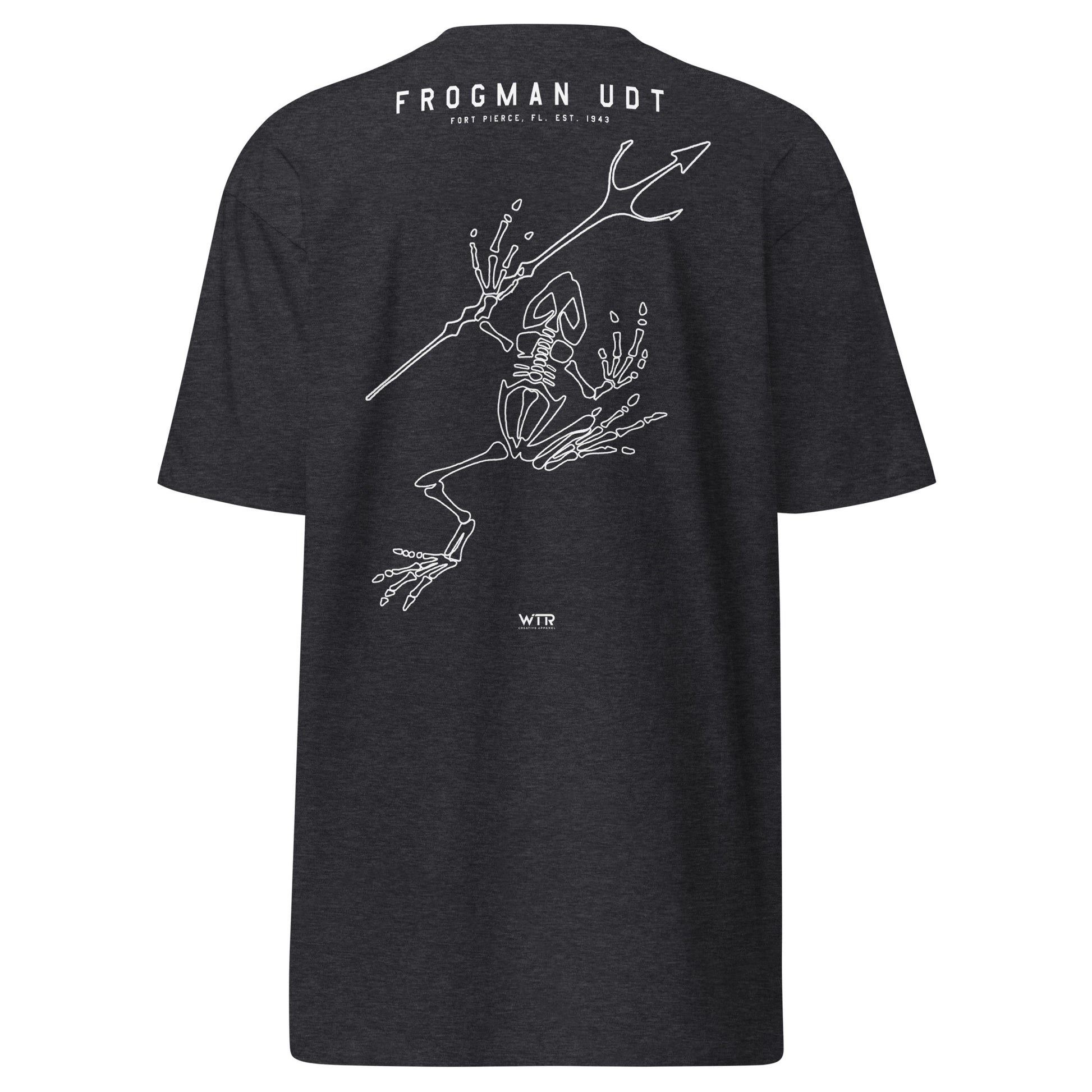 Hand-drawn artistic design of a US Navy Underwater Demolition Team UDT Frogman on a premium t-shirt.
