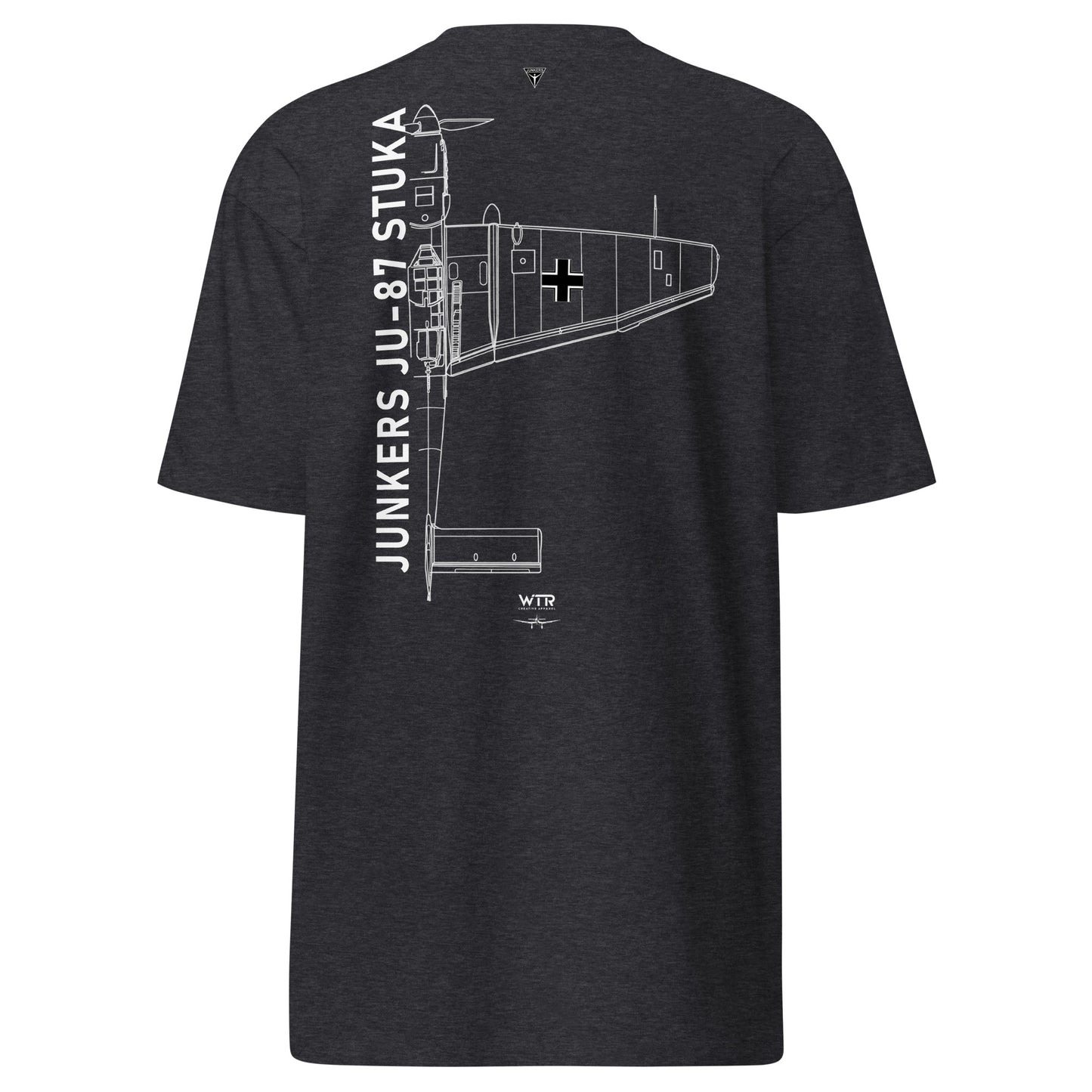 Hand-drawn schematic of the JUNKERS JU-87 STUKA DIVE BOMBER printed on a heavyweight T-shirt.