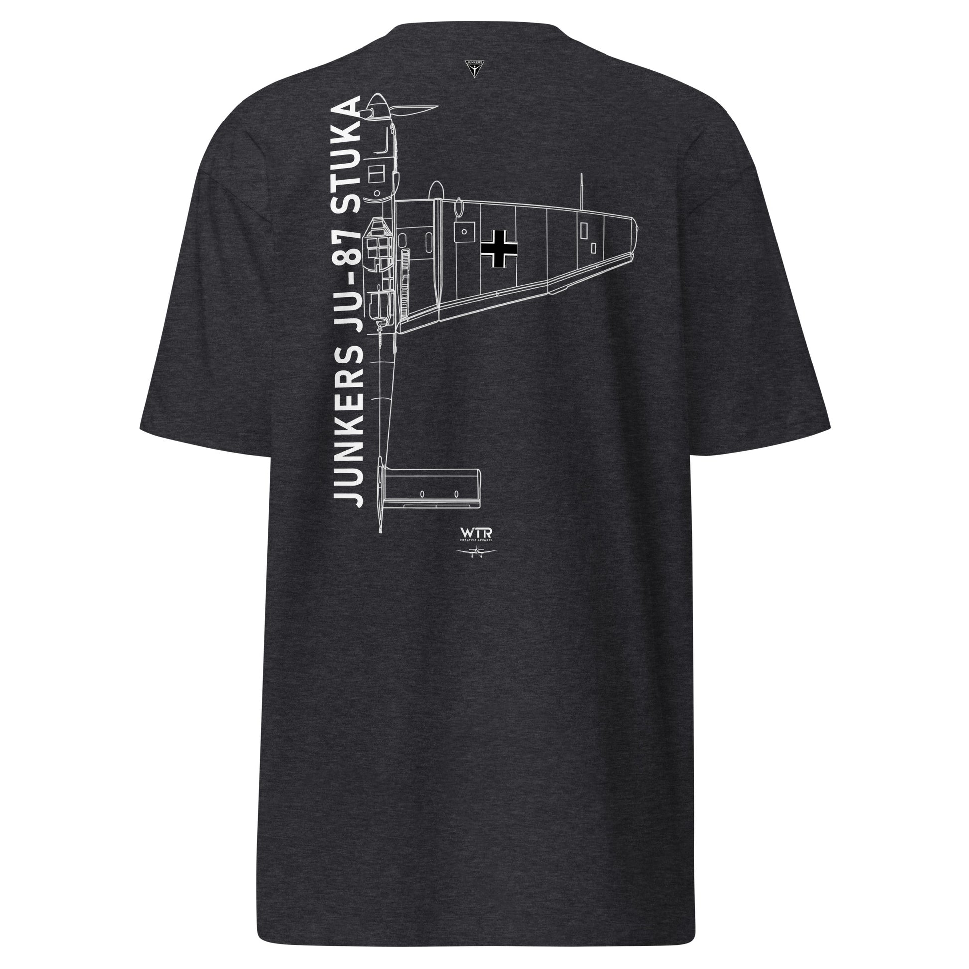 Hand-drawn technical schematic of the Junkers Ju-87 Stuka WWII dive bomber printed on a premium t-shirt.