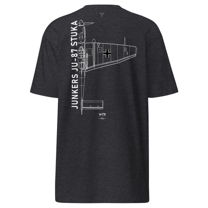 Hand-drawn schematic of the JUNKERS JU-87 STUKA DIVE BOMBER printed on a heavyweight T-shirt.