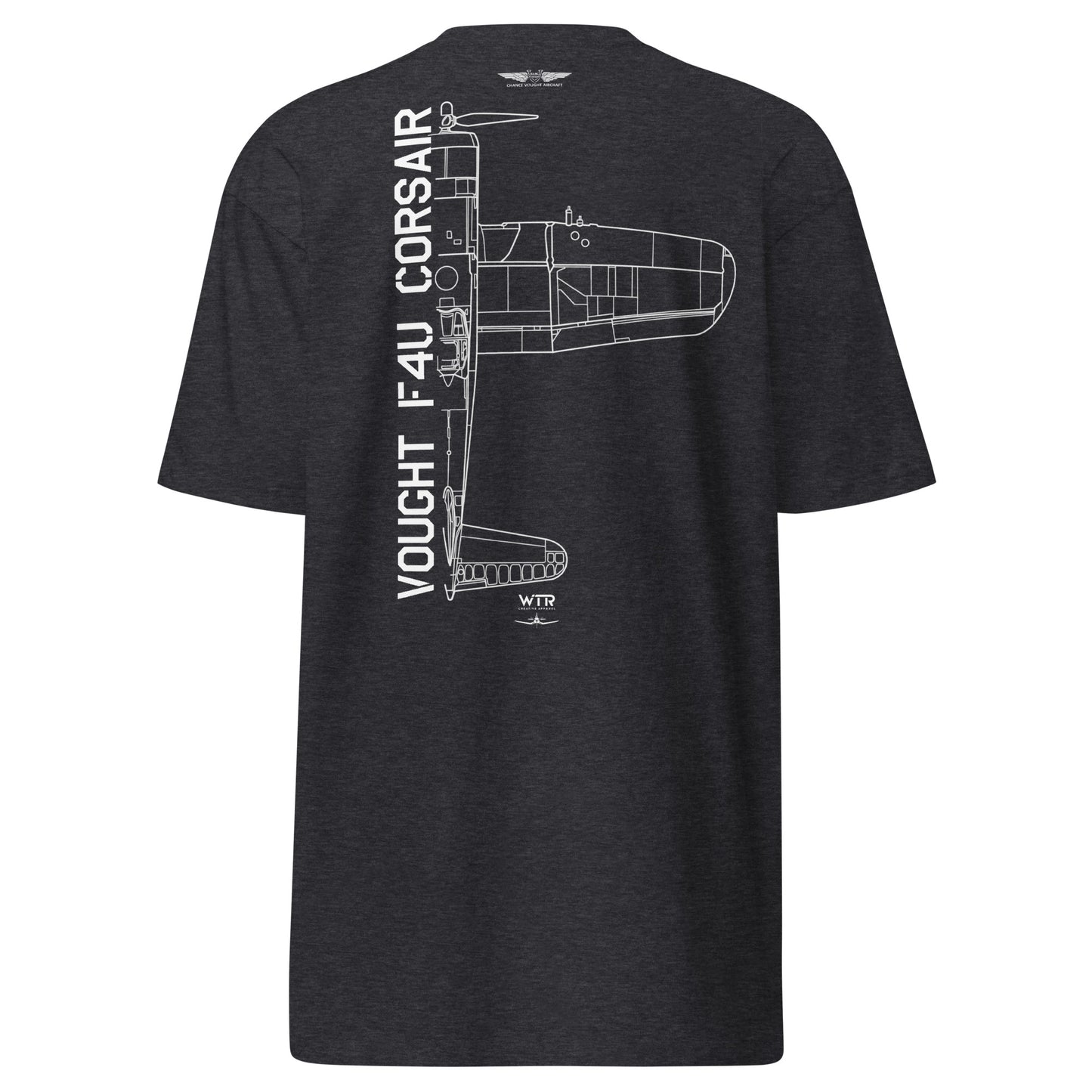 VOUGHT F4U CORSAIR - US NAVY WWII PACIFIC THEATRE FIGHTER — hand-drawn artwork printed on heavyweight T-shirt; US Navy, Pacific Theatre.