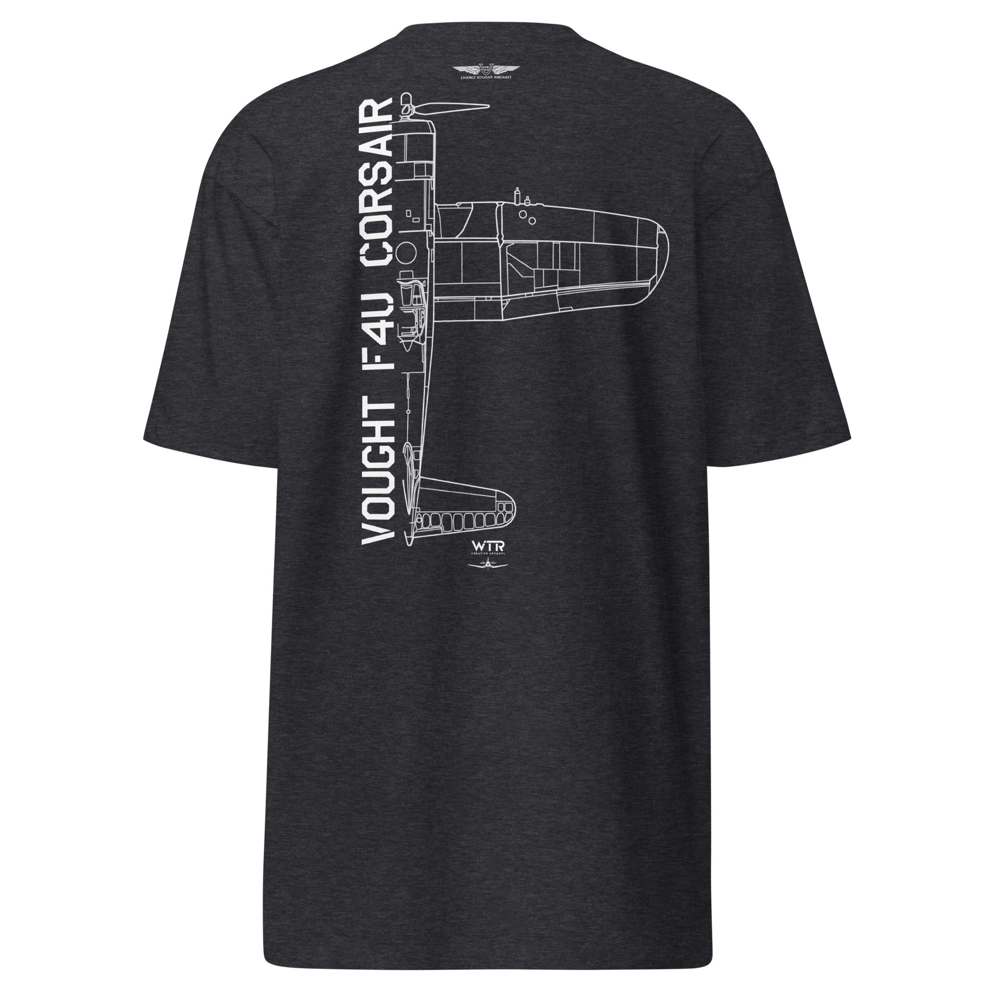 Hand-drawn technical schematic of the Vought F4U Corsair US Navy WWII Pacific fighter on a premium t-shirt.
