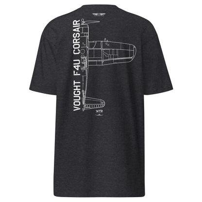 VOUGHT F4U CORSAIR - US NAVY WWII PACIFIC THEATRE FIGHTER — hand-drawn artwork printed on heavyweight T-shirt; US Navy, Pacific Theatre.