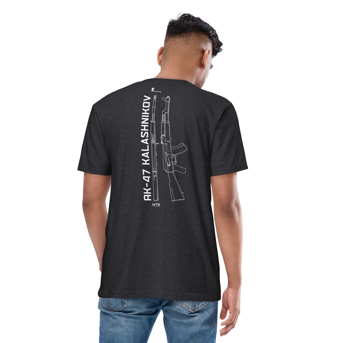 AK-47 KALASHNIKOV RIFLE — hand-drawn schematic artwork printed on heavyweight T-shirt.