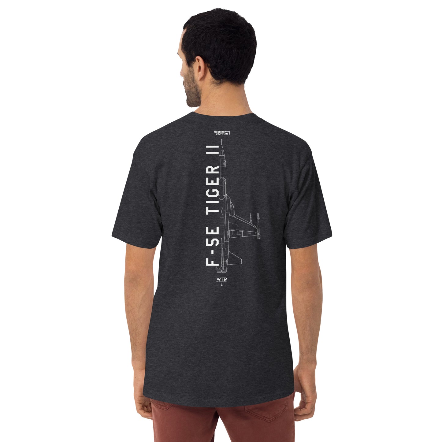 Hand-drawn technical schematic of the Northrop F-5E Tiger II Cold War fighter jet printed on a premium t-shirt.