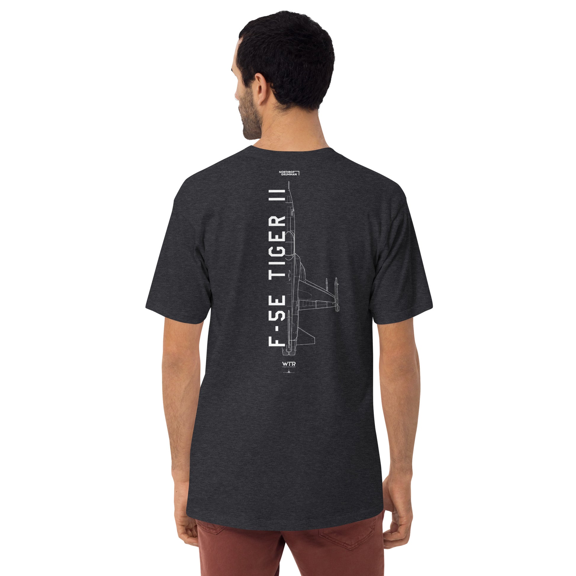 Hand-drawn technical schematic of the Northrop F-5E Tiger II Cold War fighter jet printed on a premium t-shirt.