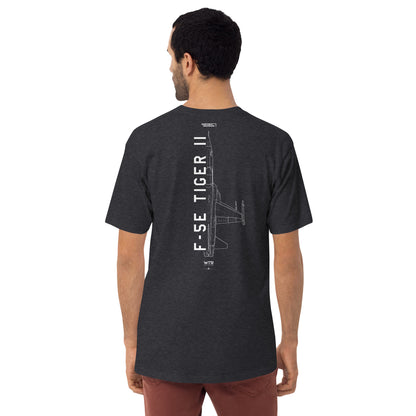 Hand-drawn technical schematic of the Northrop F-5E Tiger II Cold War fighter jet printed on a premium t-shirt.