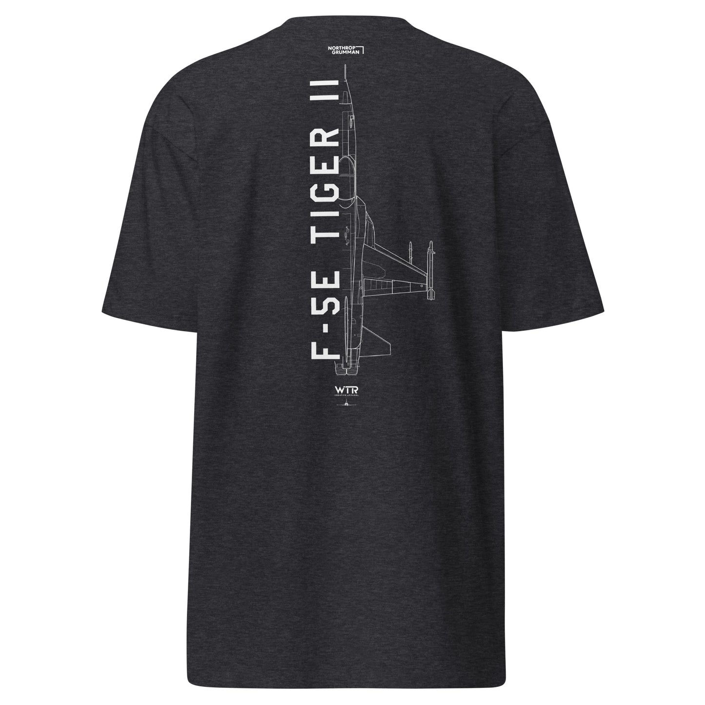 Hand-drawn technical schematic of the Northrop F-5E Tiger II Cold War fighter jet printed on a premium t-shirt.