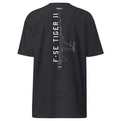 Hand-drawn technical schematic of the Northrop F-5E Tiger II Cold War fighter jet printed on a premium t-shirt.