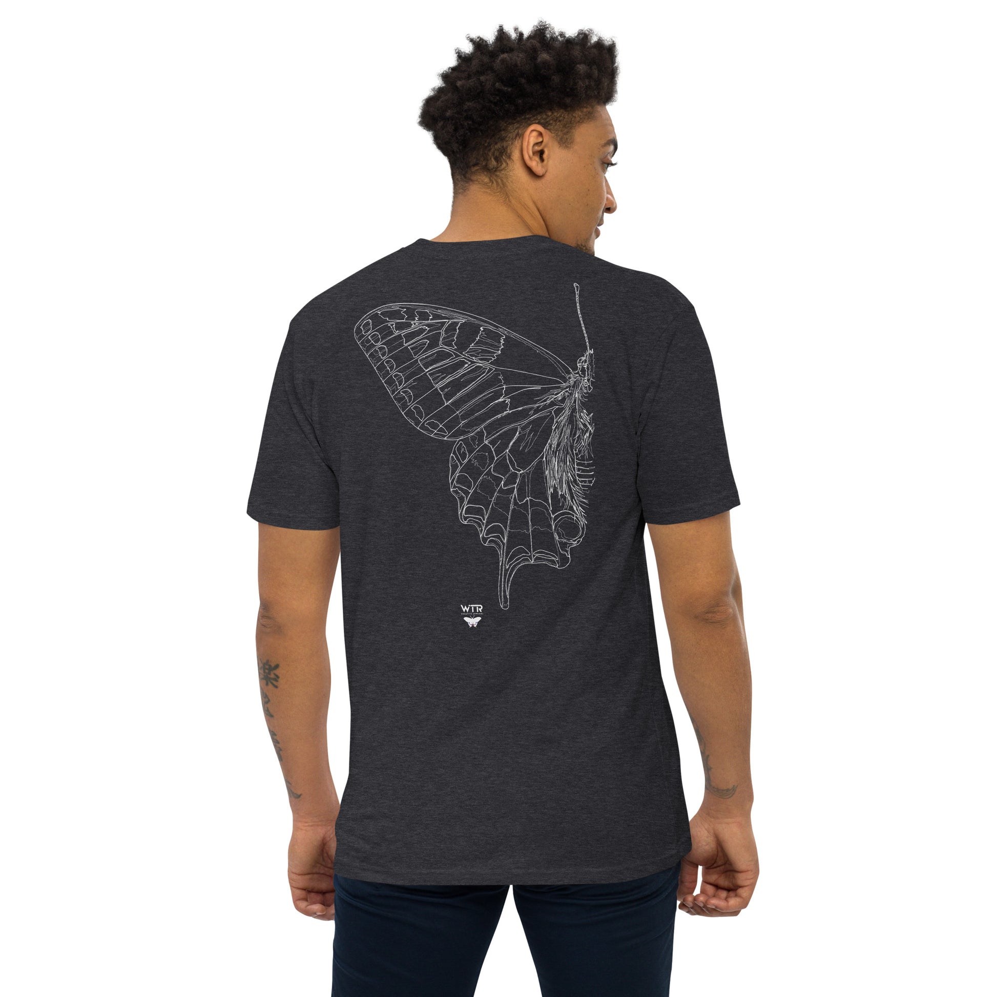 Hand-drawn schematic of the PAPILIO MACHAON OLD WORLD SWALLOWTAIL BUTTERFLY printed on a heavyweight T-shirt.