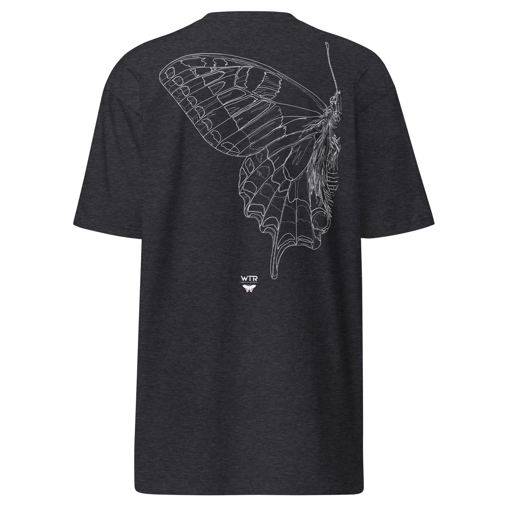 Hand-drawn technical schematic of the Papilio Machaon Old World Swallowtail Butterfly on a premium t-shirt.
