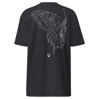 Hand-drawn schematic of the PAPILIO MACHAON OLD WORLD SWALLOWTAIL BUTTERFLY printed on a heavyweight T-shirt.