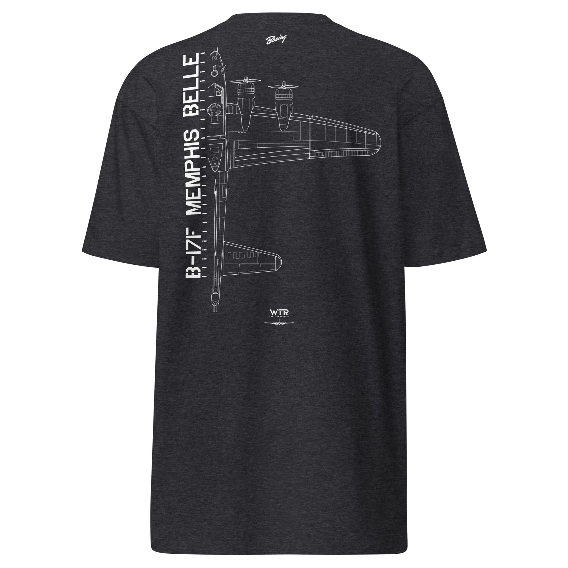 Hand-drawn technical schematic of the Boeing B-17F Flying Fortress WWII heavy bomber on a premium t-shirt.