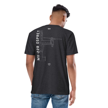 Hand-drawn schematic of the BELL BOEING MV-22 OSPREY printed on a heavyweight T-shirt.