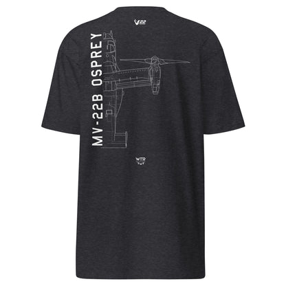 Hand-drawn schematic of the BELL BOEING MV-22 OSPREY printed on a heavyweight T-shirt.