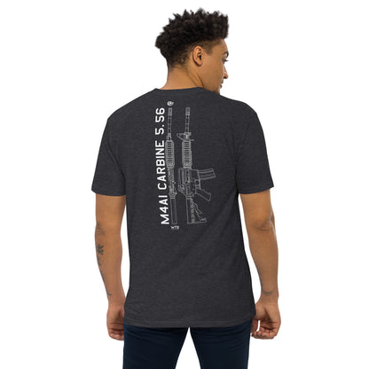 Hand-drawn technical schematic of the Colt M4A1 US Infantry battle rifle printed on a premium t-shirt.
