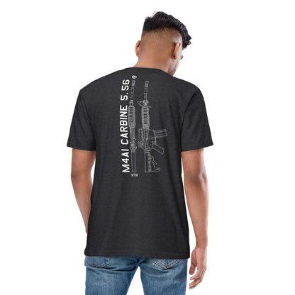 Hand-drawn technical schematic of the Colt M4A1 US Infantry battle rifle printed on a premium t-shirt.