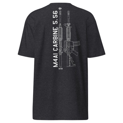 Hand-drawn technical schematic of the Colt M4A1 US Infantry battle rifle printed on a premium t-shirt.