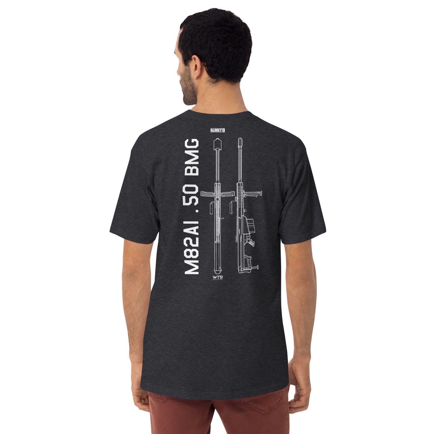 BARRETT M82A1 .50 BMG - ANTI‑MATERIEL RIFLE — hand-drawn schematic artwork printed on HEAVYWEIGHT T‑SHIRT.
