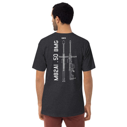 BARRETT M82A1 .50 BMG - ANTI‑MATERIEL RIFLE — hand-drawn schematic artwork printed on HEAVYWEIGHT T‑SHIRT.