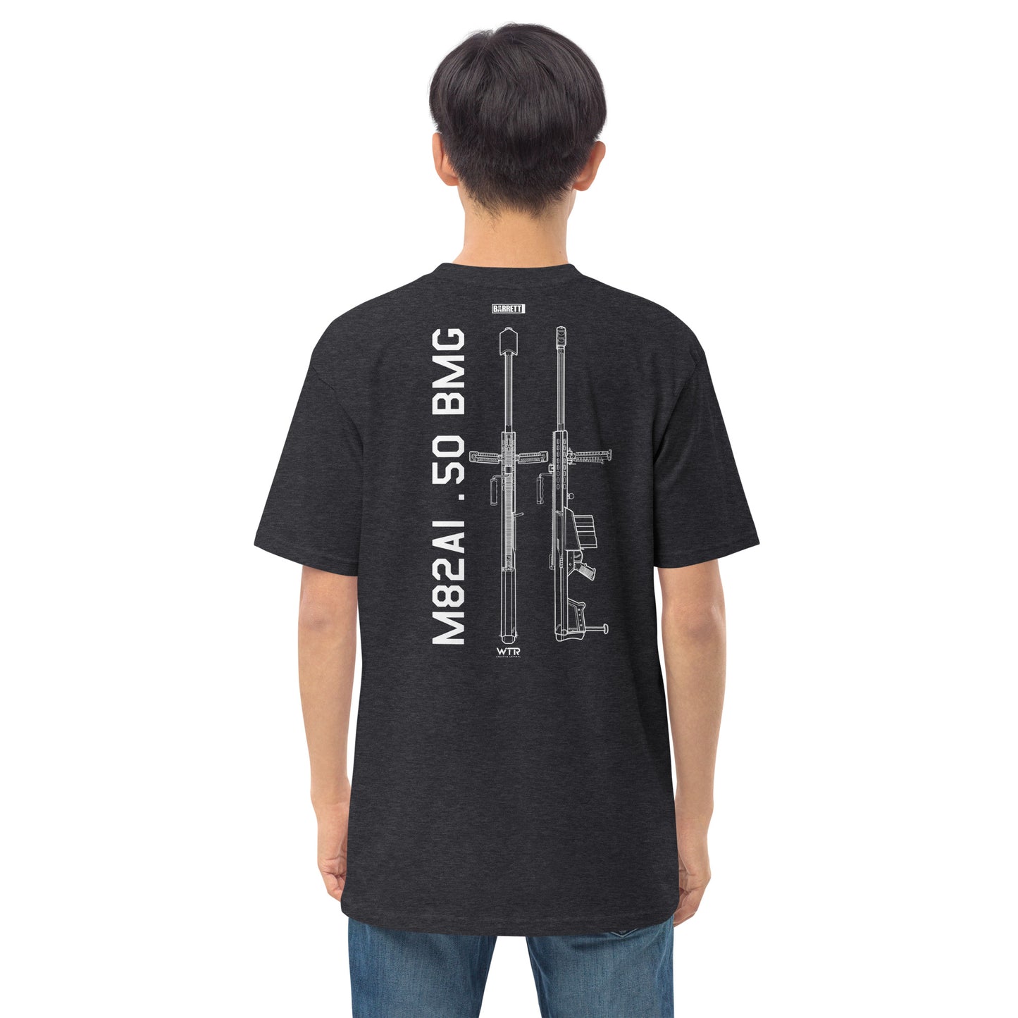 BARRETT M82A1 .50 BMG - ANTI‑MATERIEL RIFLE — hand-drawn schematic artwork printed on HEAVYWEIGHT T‑SHIRT.