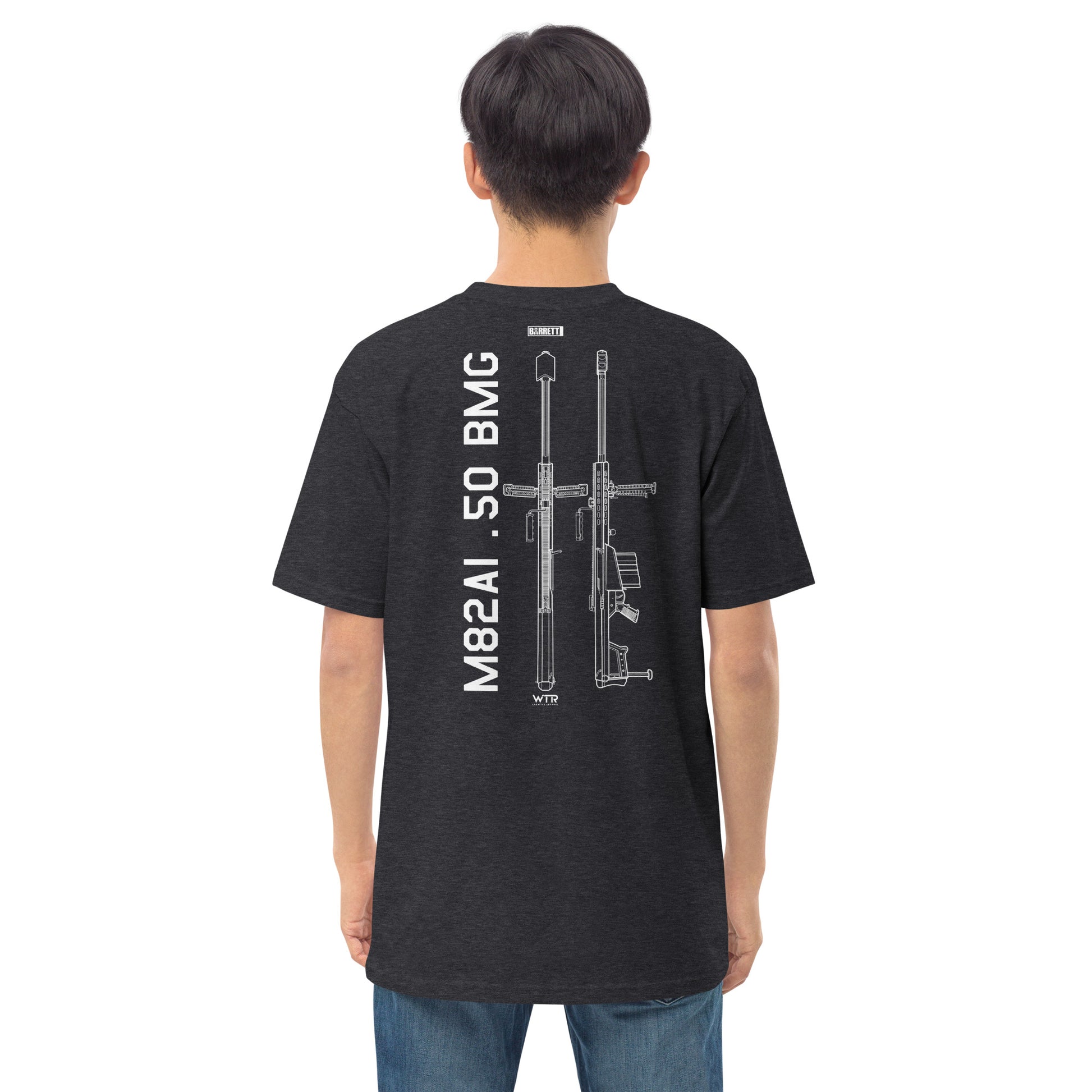 BARRETT M82A1 .50 BMG - ANTI‑MATERIEL RIFLE — hand-drawn schematic artwork printed on HEAVYWEIGHT T‑SHIRT.
