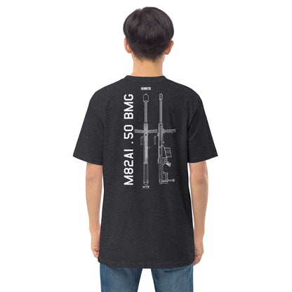 BARRETT M82A1 .50 BMG - ANTI‑MATERIEL RIFLE — hand-drawn schematic artwork printed on HEAVYWEIGHT T‑SHIRT.