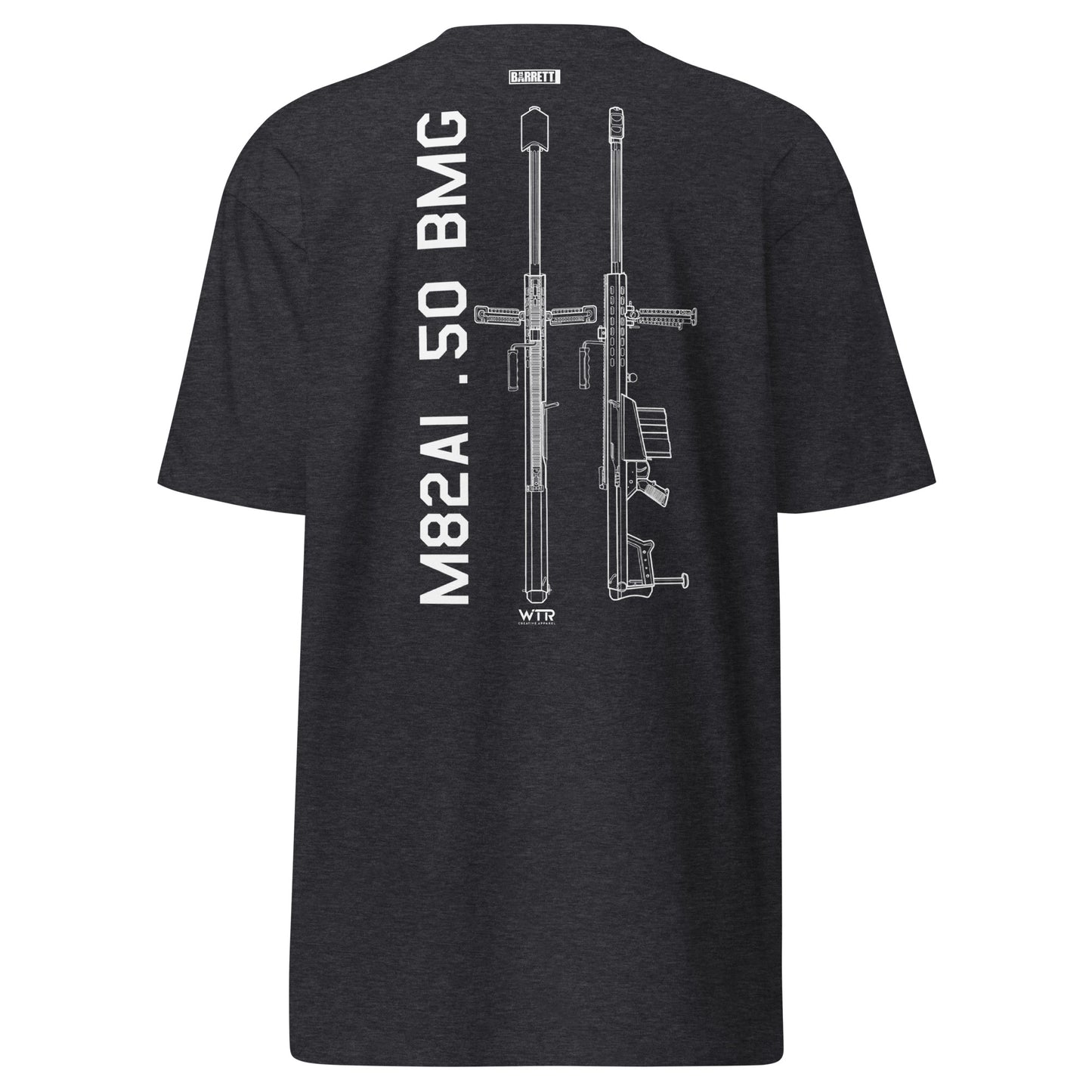 BARRETT M82A1 .50 BMG - ANTI‑MATERIEL RIFLE — hand-drawn schematic artwork printed on HEAVYWEIGHT T‑SHIRT.