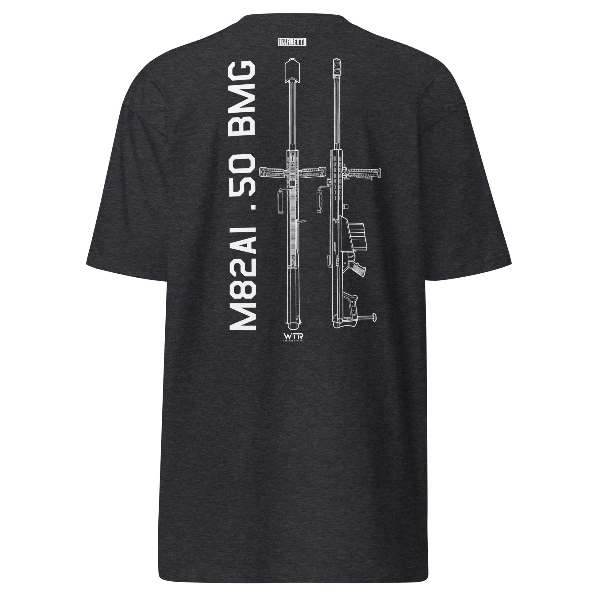 Hand-drawn technical schematic of the Barrett M82A1 .50 BMG anti-materiel rifle printed on a premium t-shirt.