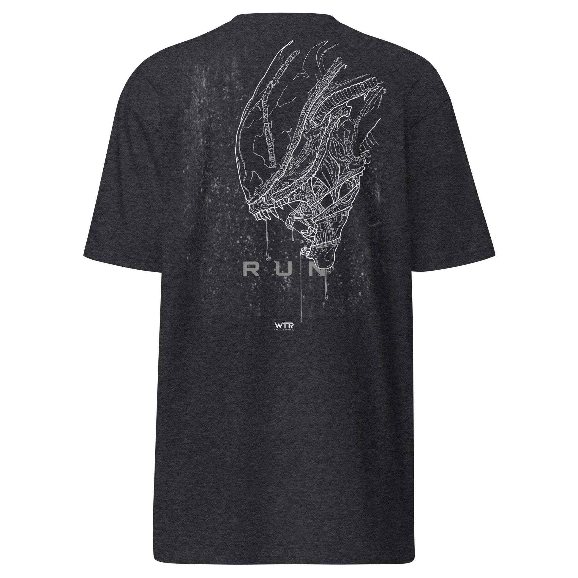 Hand-drawn side profile of an Alien Xenomorph in a technical "Run" sci-fi art style printed on a premium t-shirt.
