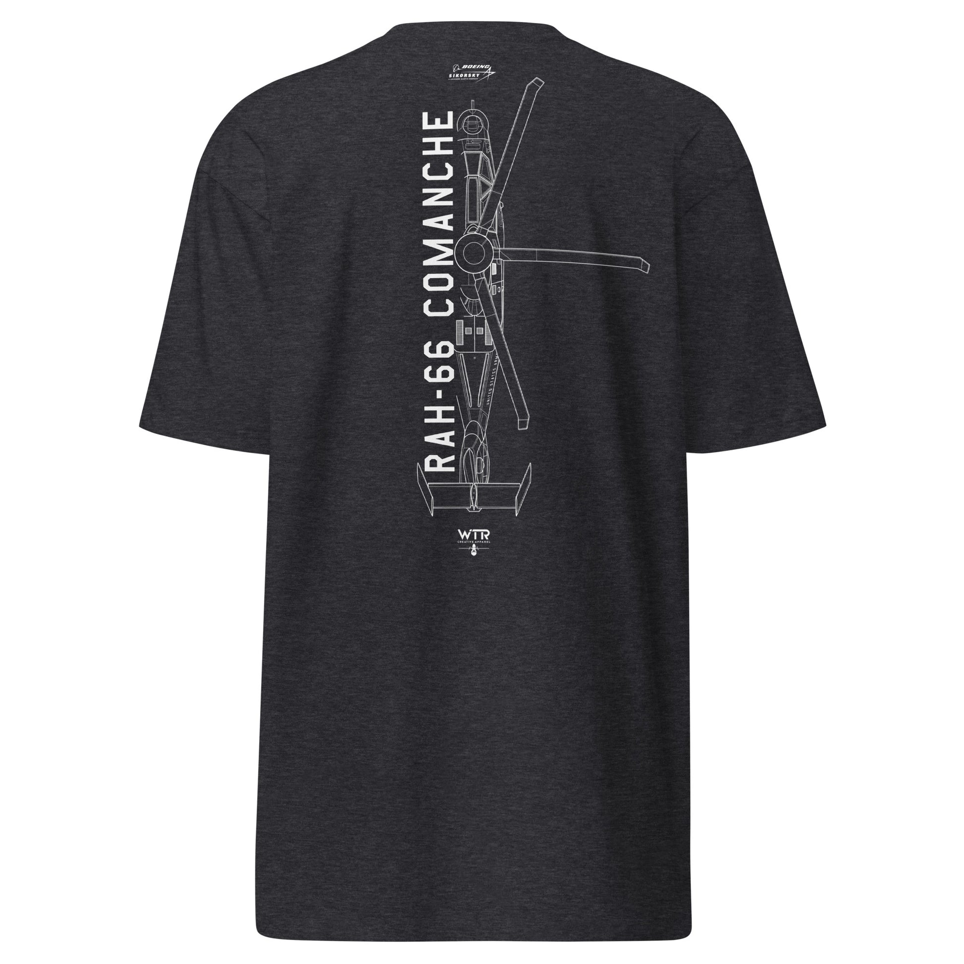 Hand-drawn technical schematic of the Boeing–Sikorsky RAH-66 Comanche stealth reconnaissance helicopter on a premium t-shirt.
