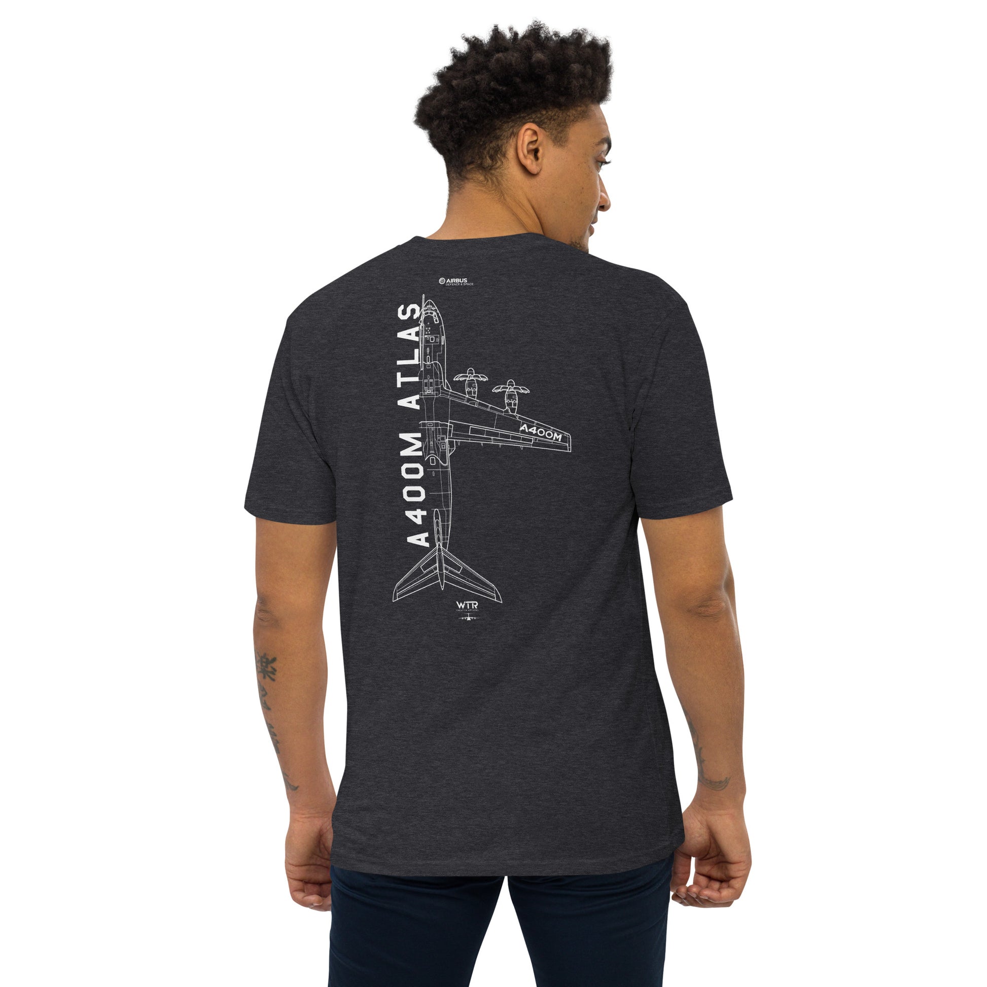 Hand-drawn schematic of the AIRBUS A400M ATLAS printed on a heavyweight T-shirt.