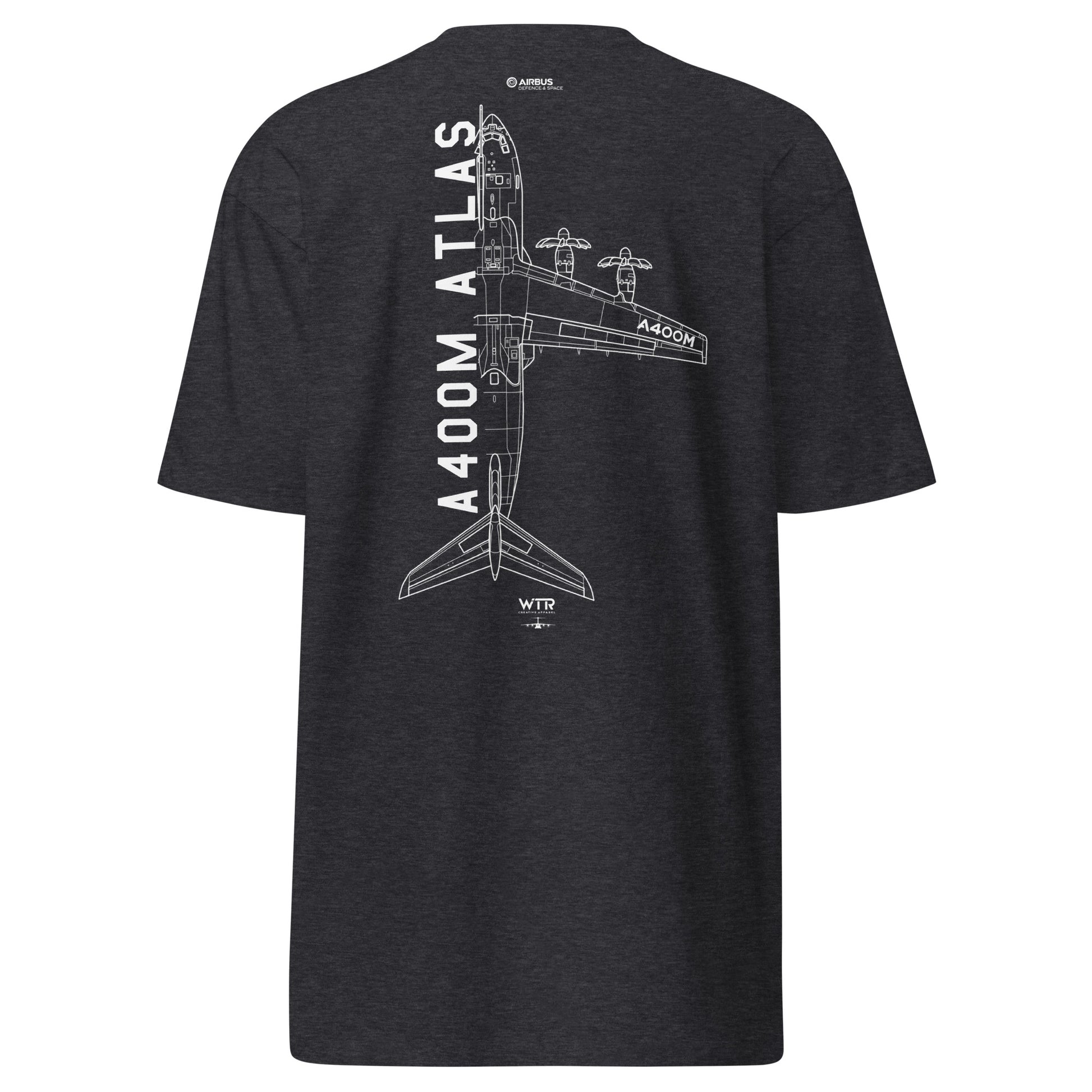 Hand-drawn technical schematic of the Airbus A400M Atlas military transport aircraft printed on a premium t-shirt.