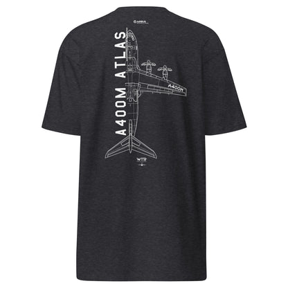 Hand-drawn schematic of the AIRBUS A400M ATLAS printed on a heavyweight T-shirt.