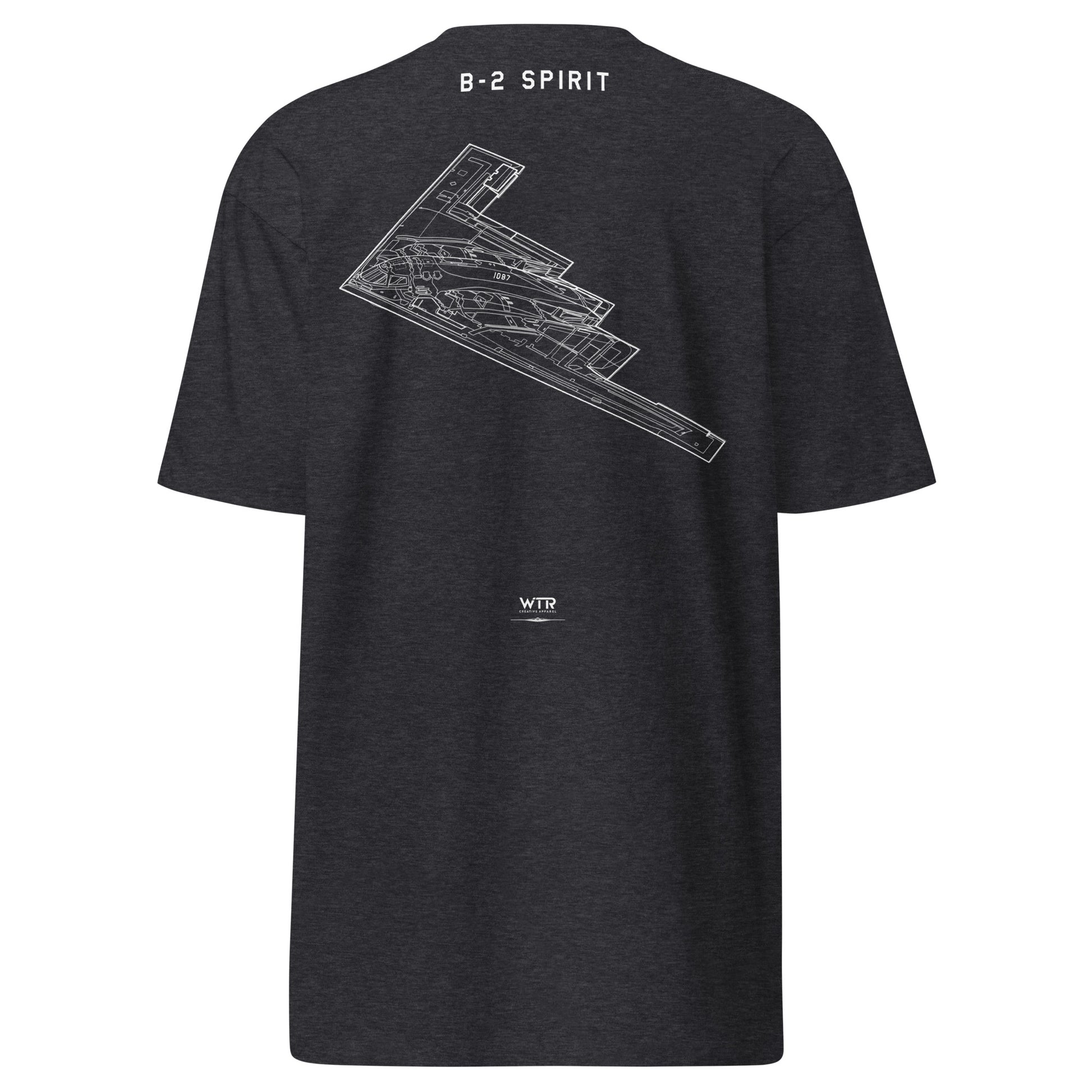Hand-drawn technical profile of the Northrop Grumman B-2 Spirit stealth bomber special edition on a premium t-shirt.