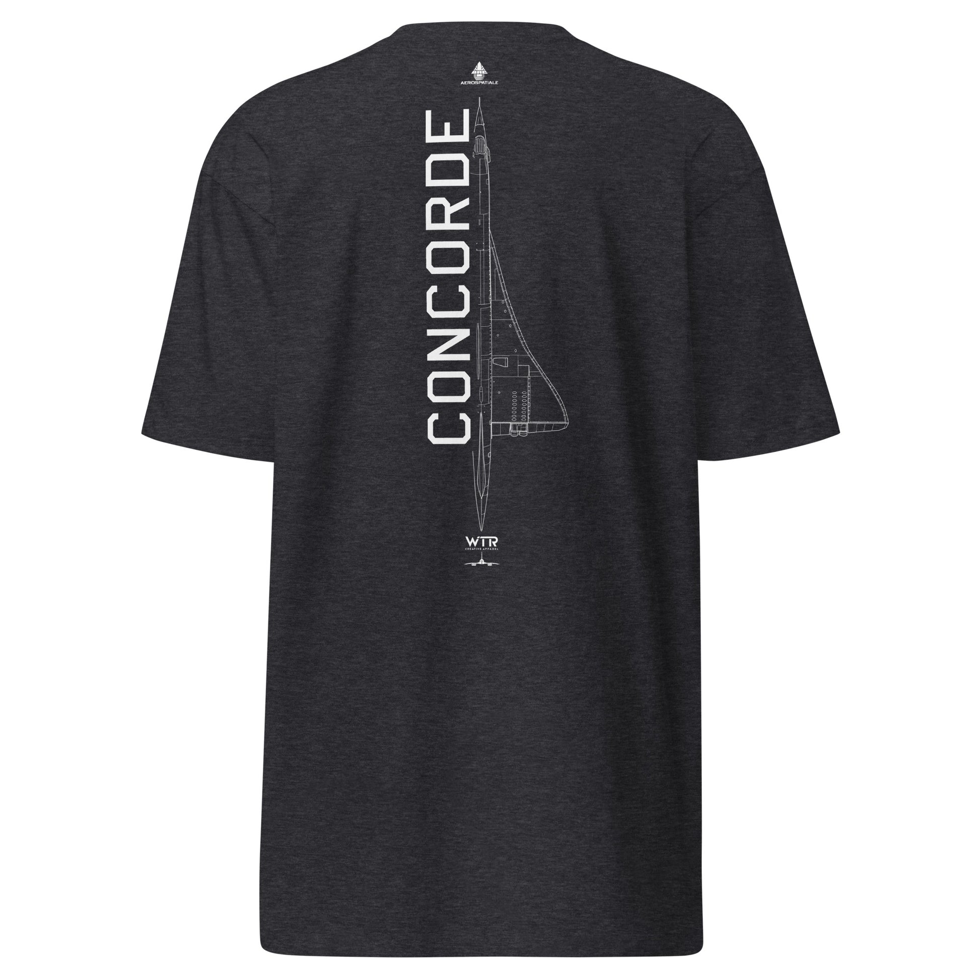 Hand-drawn technical schematic of the Aérospatiale / BAC Concorde supersonic airliner on a premium t-shirt.