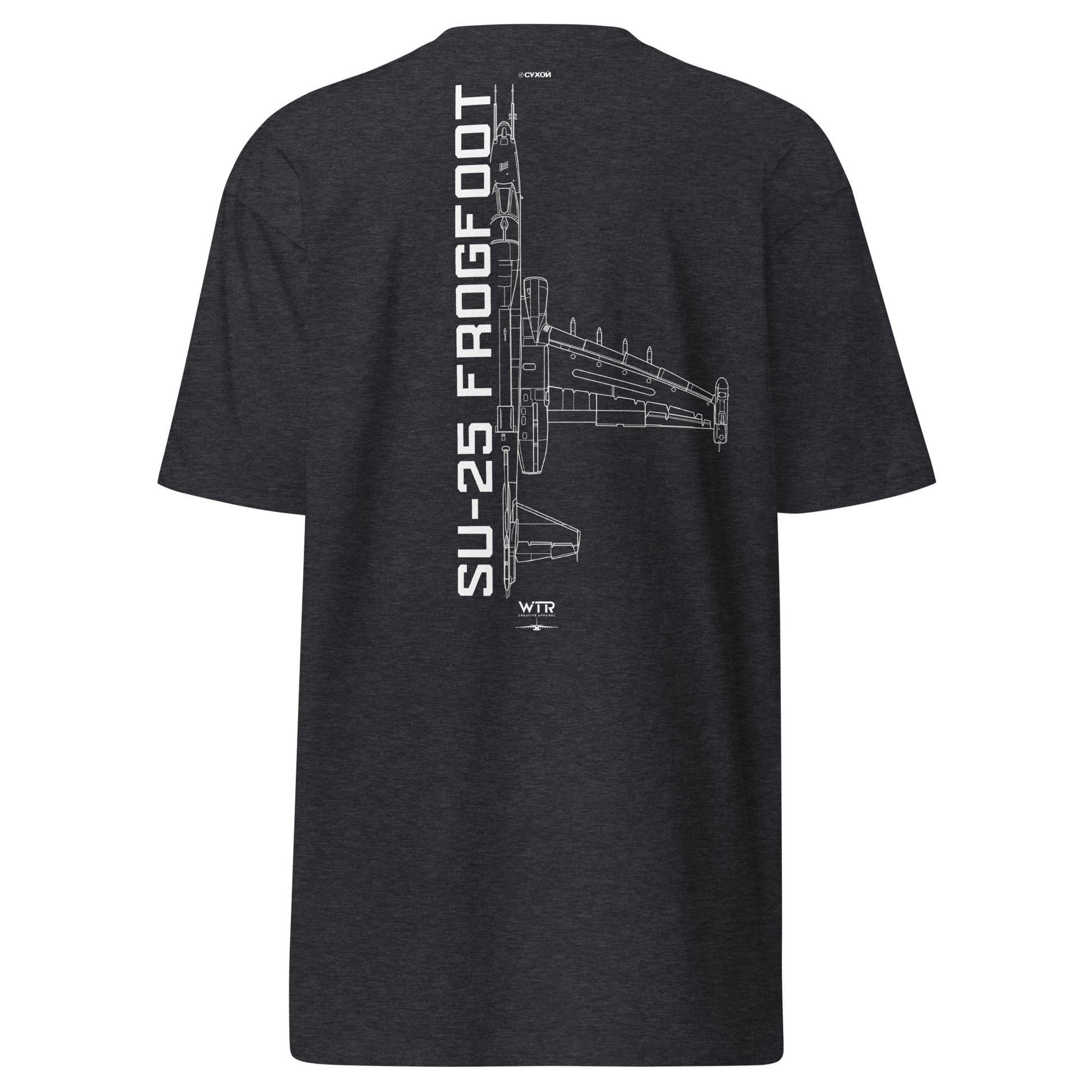 Hand-drawn technical schematic of the Sukhoi SU-25 Frogfoot Grach ground support aircraft on a premium t-shirt.