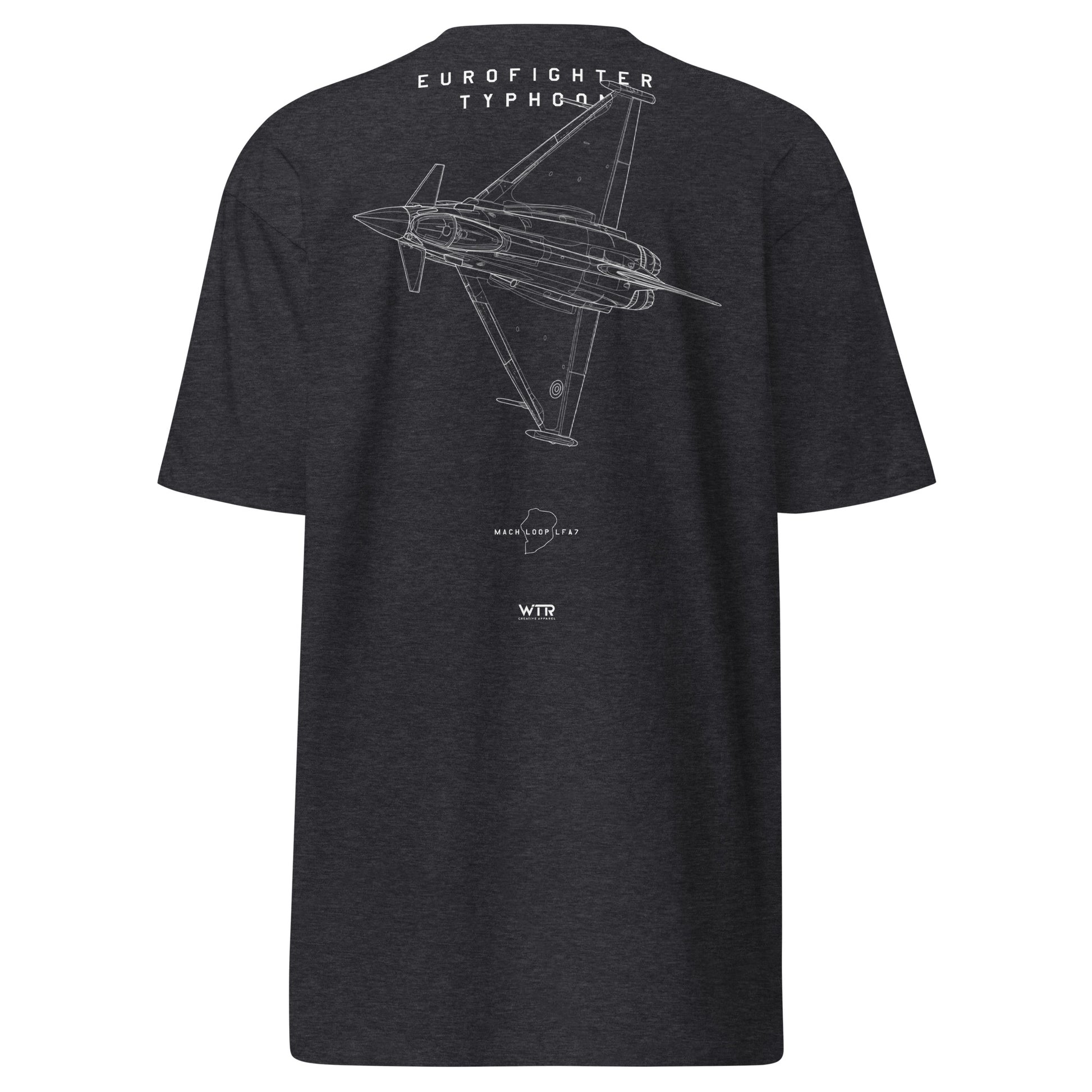 Hand-drawn Mach Loop edition schematic of the Eurofighter Typhoon EF2000 fighter jet on a premium t-shirt.