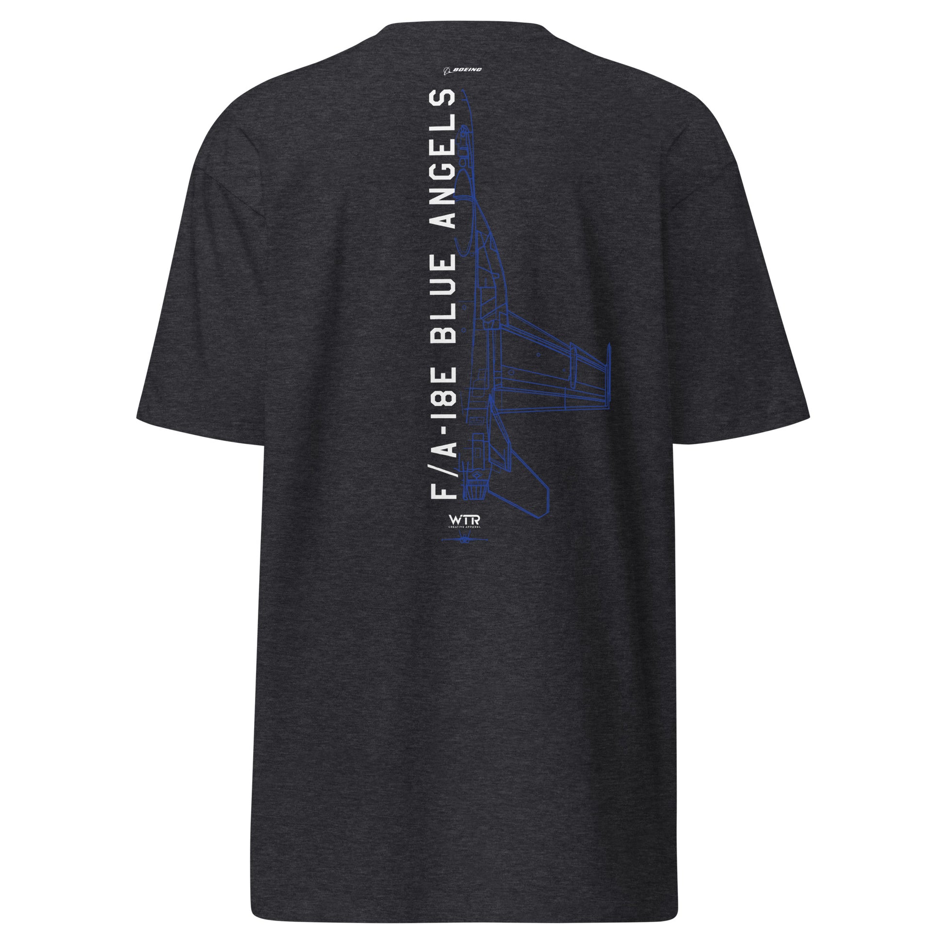 Hand-drawn schematic of the Boeing F/A-18E Super Hornet in Blue Angels flight demonstration livery on a premium t-shirt.