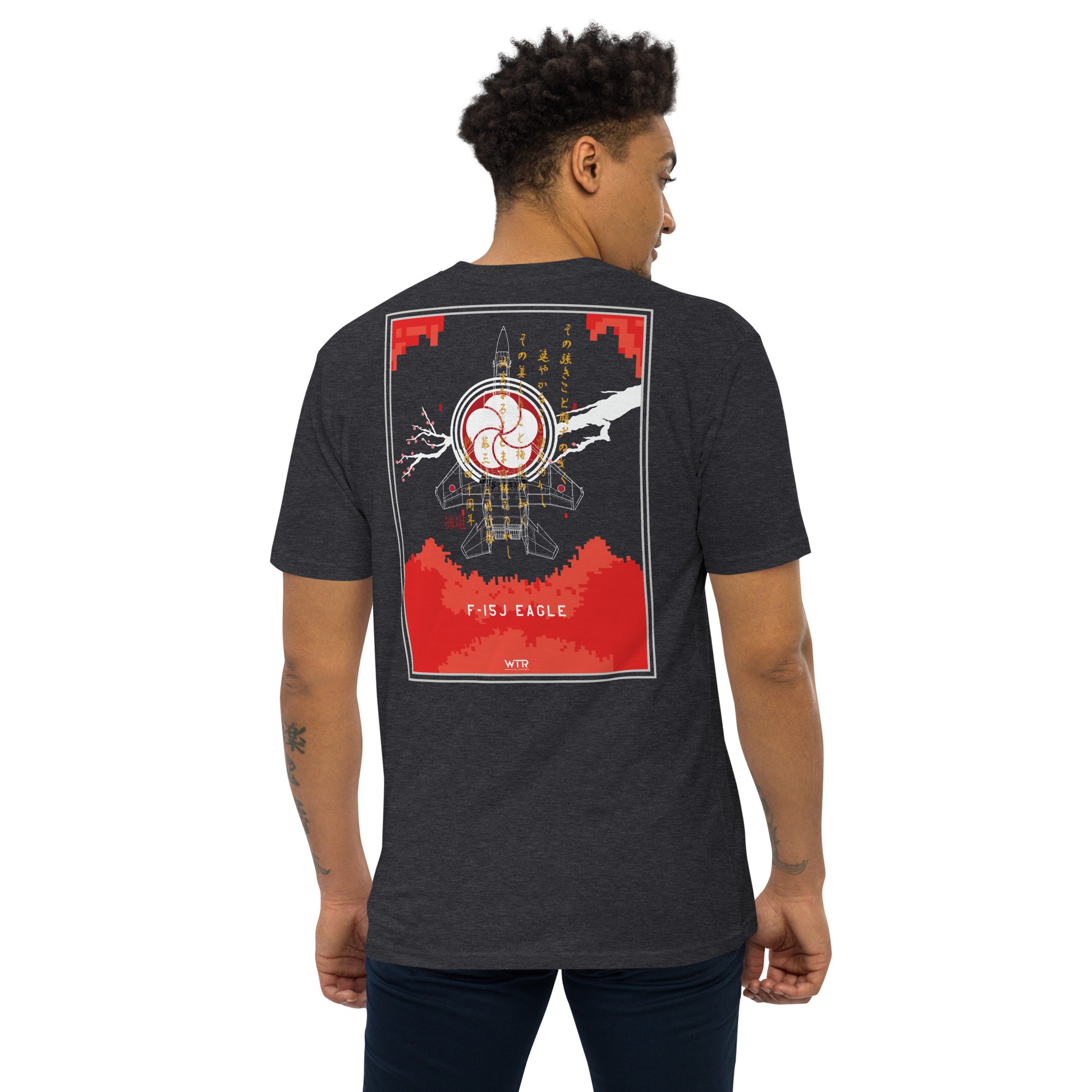 Hand-drawn schematic of the MITSUBISHI F-15J 305TH TACTICAL FIGHTER SQUADRON 40 YEARS printed on a heavyweight T-shirt.