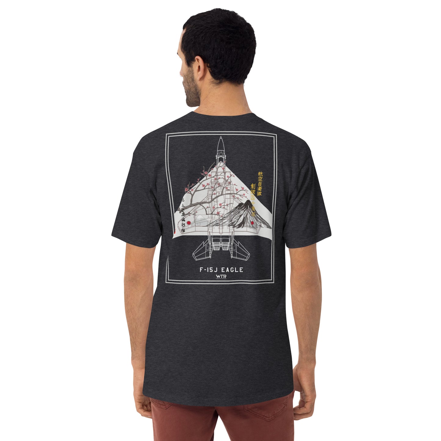 Hand-drawn schematic of the MITSUBISHI F-15J 305TH TACTICAL FIGHTER SQUADRON 50 YEARS printed on a heavyweight T-shirt.