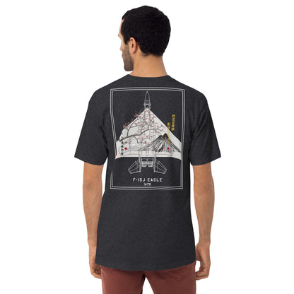 Hand-drawn schematic of the MITSUBISHI F-15J 305TH TACTICAL FIGHTER SQUADRON 50 YEARS printed on a heavyweight T-shirt.