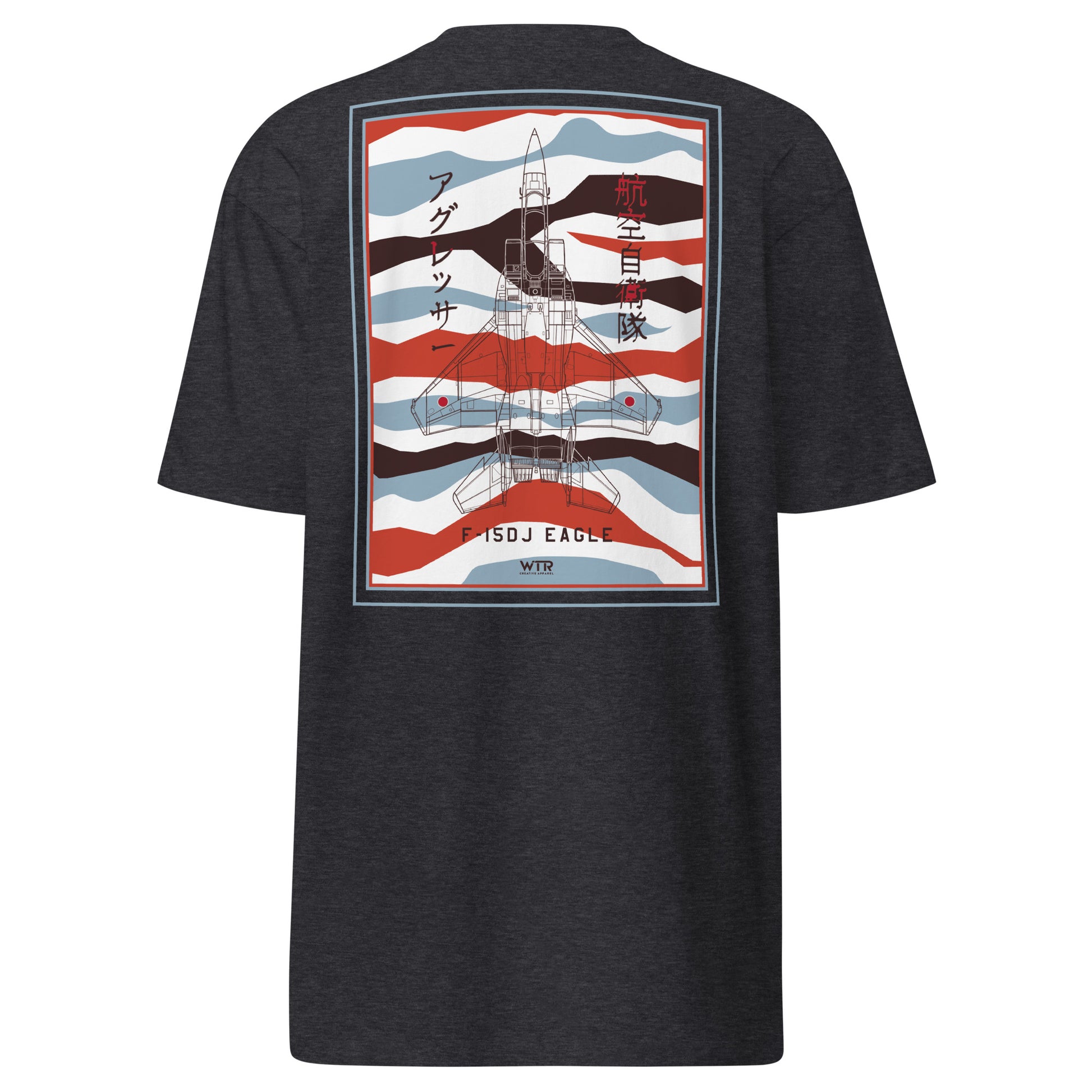 Hand-drawn schematic of the Mitsubishi F-15DJ Eagle Aggressor Minokasago Lionfish livery printed on a premium-weight t-shirt.