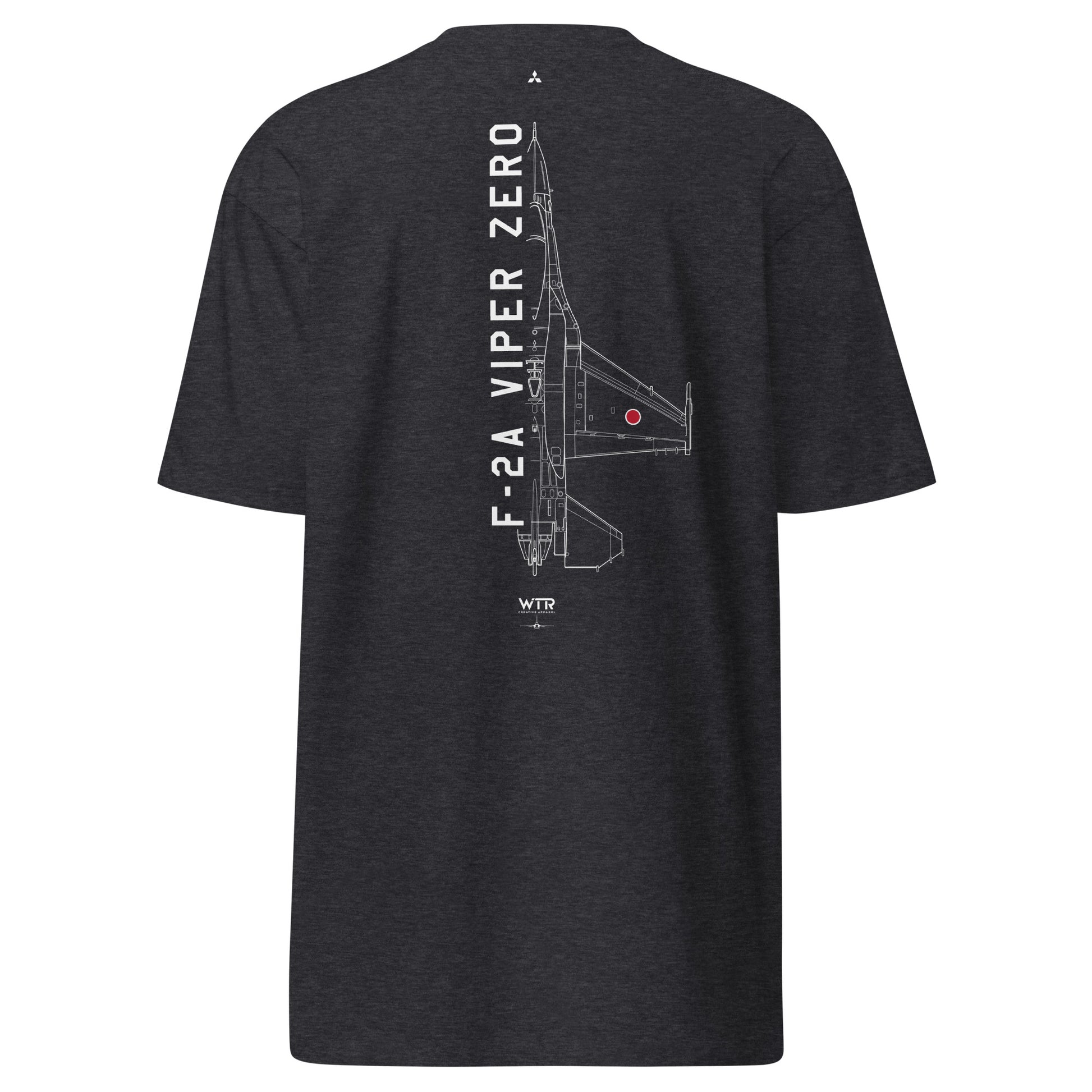 Hand-drawn technical schematic edition of the Mitsubishi F-2A Viper Zero JSDAF fighter jet printed on a premium-weight t-shirt.