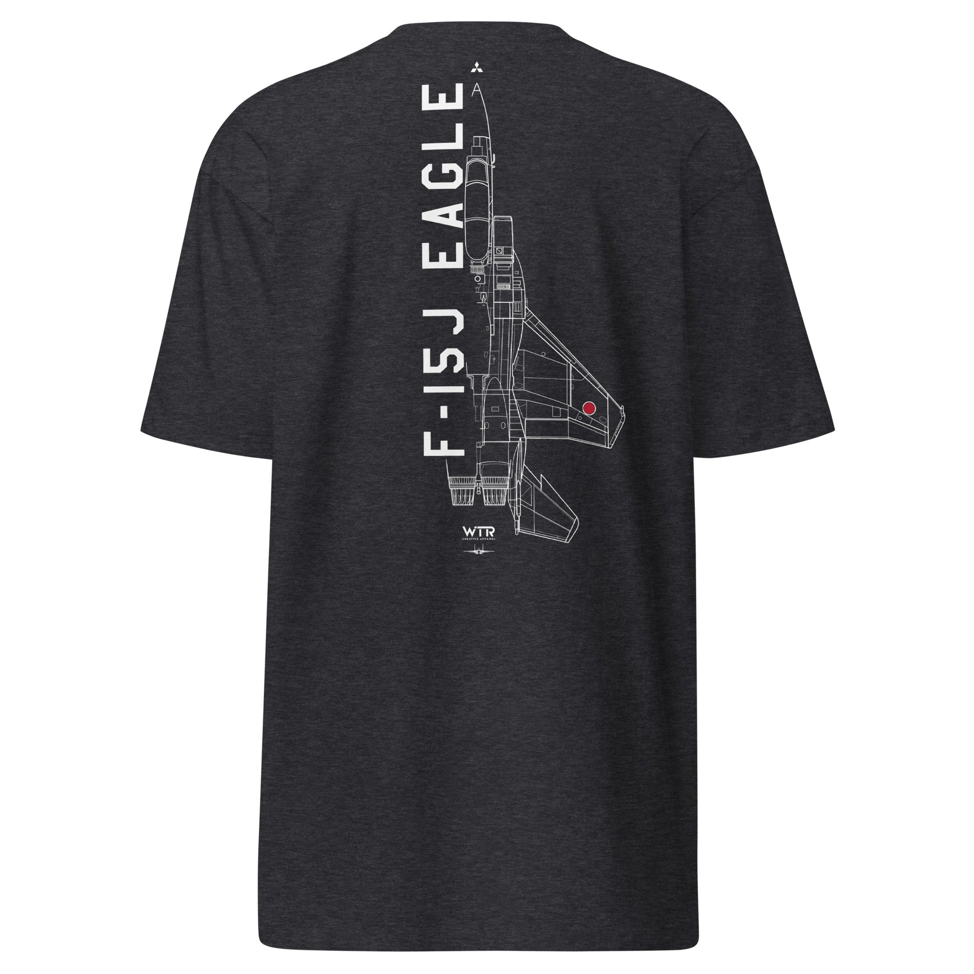 Hand-drawn technical schematic edition of the Mitsubishi F-15J Eagle JSDAF fighter jet printed on a premium-weight t-shirt.