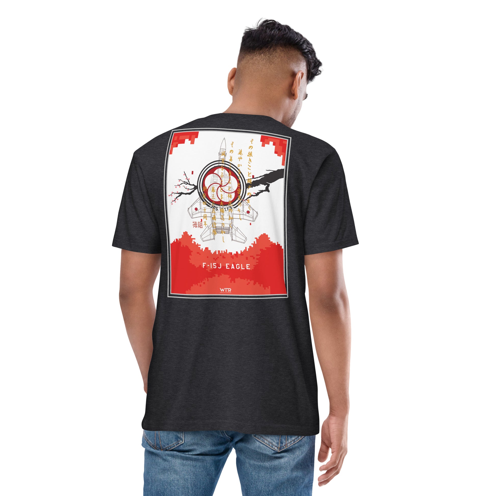 Hand-drawn schematic of the Mitsubishi F-15J Eagle 305th Tactical Fighter Squadron 40 Years livery on a premium heavyweight t-shirt.